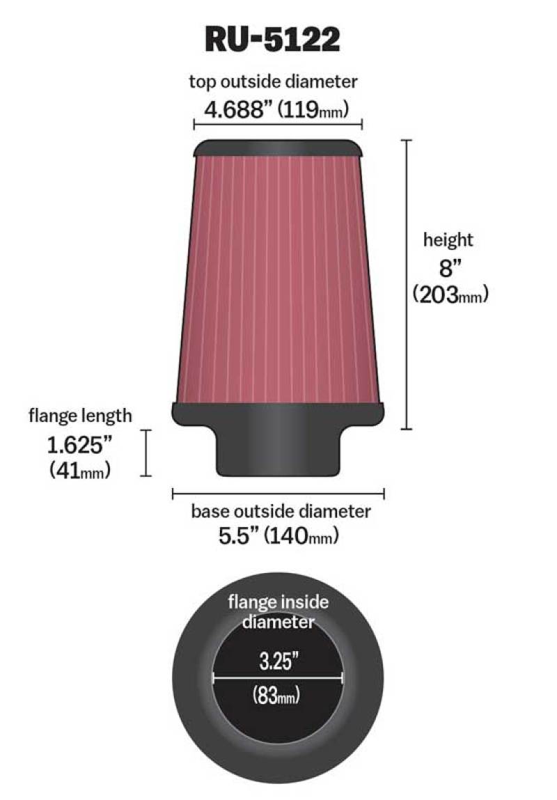 K&N Filter Universal Rubber Filter 3.25 Flange 5.5 Base 4.6875 Top 8 Height - Blais Performance Parts