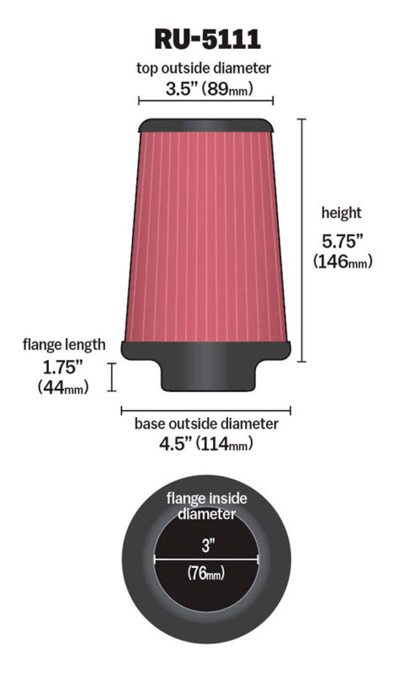 K&N Filter Universal Rubber Filter 3 Flange 4 1/2 Base inch 3 1/2 inch Top 5 3/4 inch Height - Blais Performance Parts