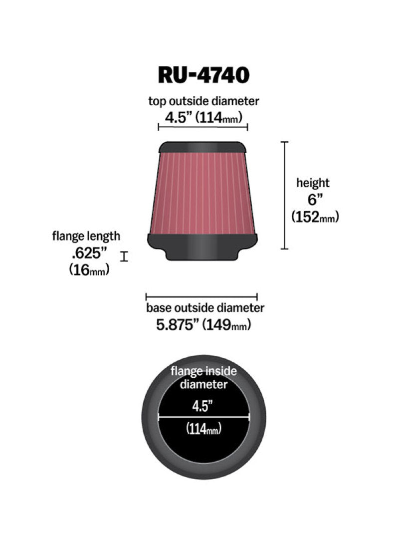 K&N Filter Universal Rubber Filter Round Tapered 4.5in Flange 5.875in Base 4.5 inch Top 6in Height - Blais Performance Parts