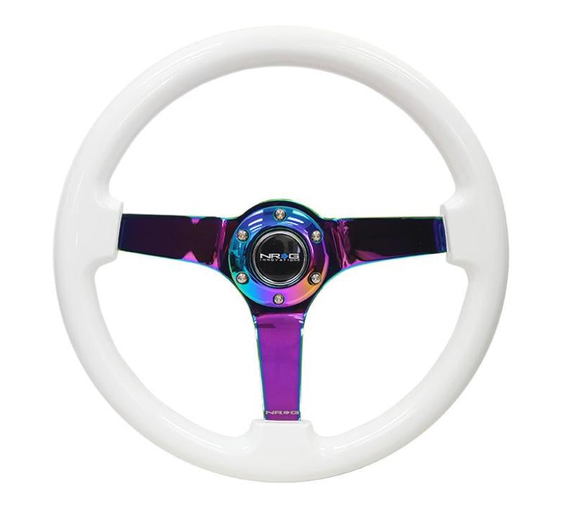 NRG Reinforced Steering Wheel (350mm / 3in. Deep) Classic White w/4mm Neochrome Solid 3-Spoke - Blais Performance Parts