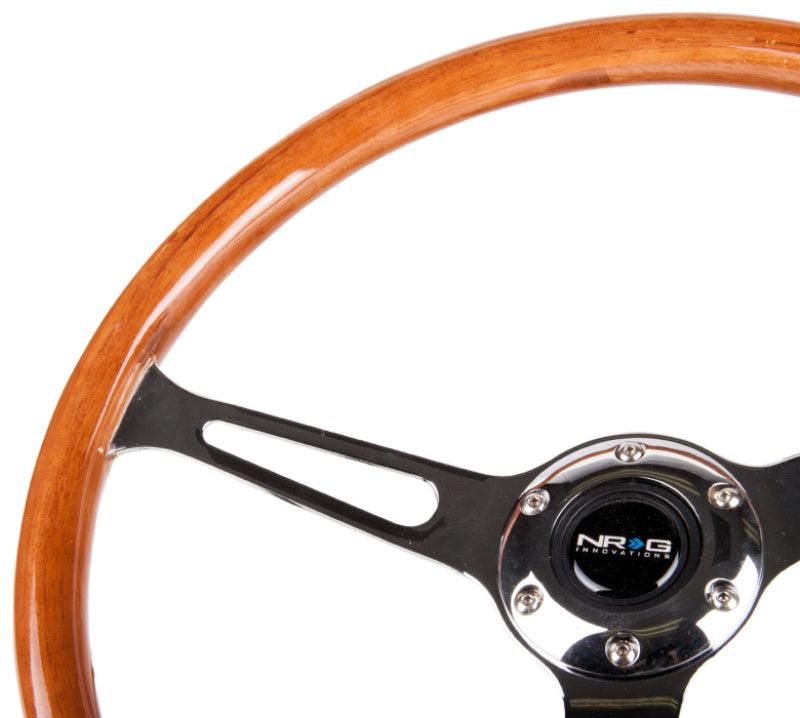 NRG Reinforced Steering Wheel (360mm) Classic Wood Grain w/Chrome Cutout 3-Spoke Center - Blais Performance Parts