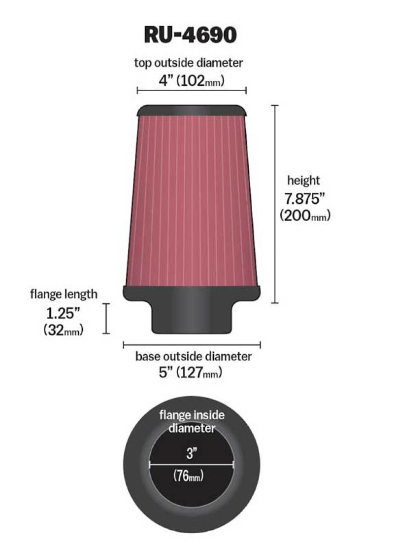 K&N Universal Round Tapered Filter 3 inch FLG / 5 inch Bottom / 4 inch Top / 7 7/8 inch Height - Blais Performance Parts