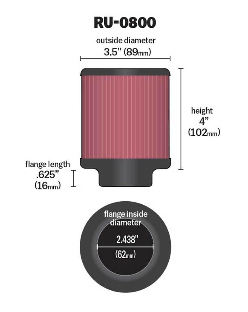 K&N Universal Air Filter - 2-7/16in Flange x 3-1/2in OD x 4in Height - Blais Performance Parts
