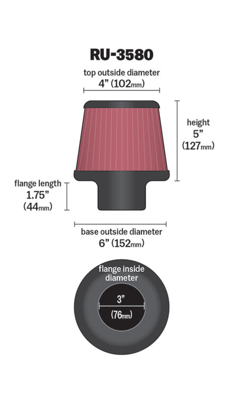 K&N Filter Universal Rubber Filter 3 Inch Flange 6 inch Base 4 inch Top 5 inch Height - Blais Performance Parts