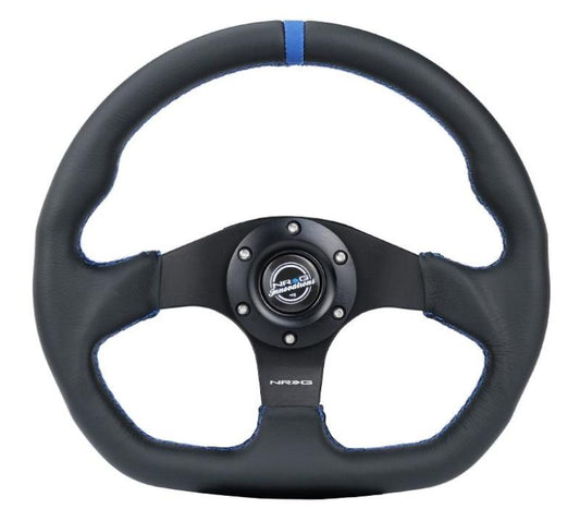 NRG Reinforced Steering Wheel (320mm) Sport Leather Flat Bottom w/ Blue Center/ Blue Stitching - Blais Performance Parts