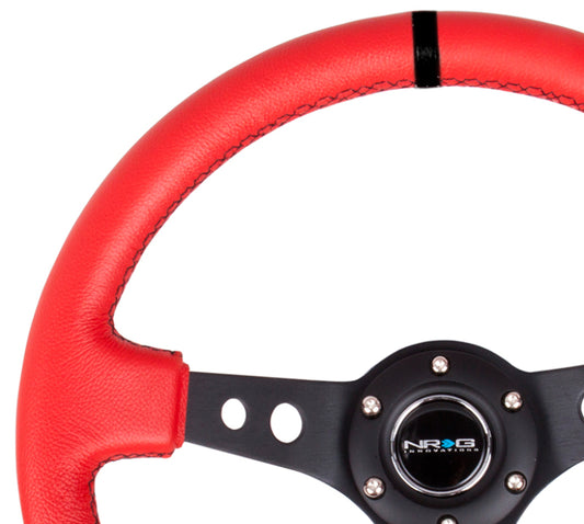 NRG Reinforced Steering Wheel (350mm / 3in. Deep) Red Suede w/Blk Circle Cutout Spokes - Blais Performance Parts