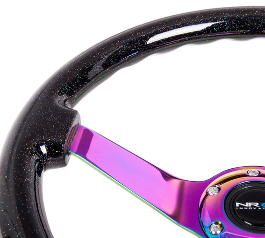 NRG Reinforced Steering Wheel (350mm / 3in. Deep) Classic Blk Sparkle w/4mm Neochrome 3-Spoke Center - Blais Performance Parts