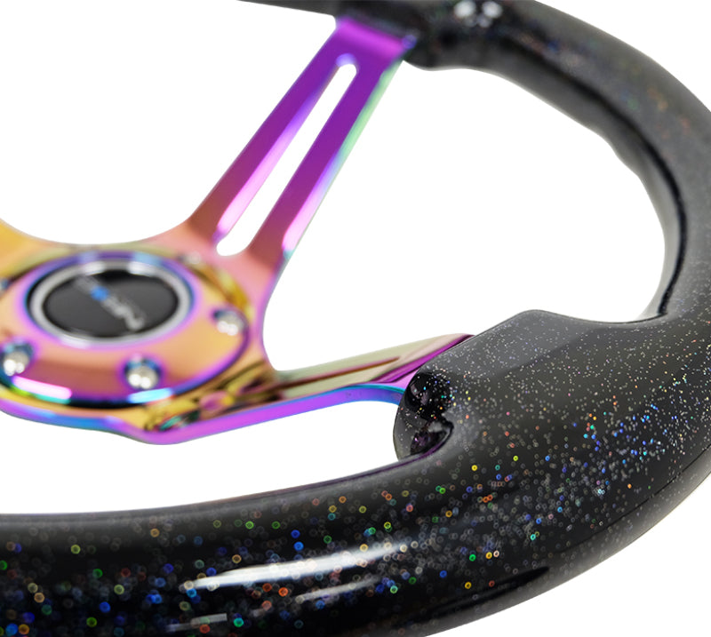 NRG Reinforced Steering Wheel (350mm / 3in. Deep) Blk Multi Color Flake w/ Neochrome Center Mark - Blais Performance Parts