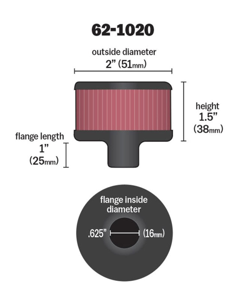 K&N Steel Base Crankcase Vent Filter .625in Vent OD x 2in OD x 1.5in Height - Blais Performance Parts