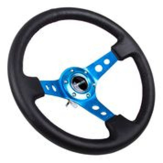 NRG Reinforced Steering Wheel (350mm / 3in. Deep) Blk Leather w/Blue Circle Cutout Spokes - Blais Performance Parts