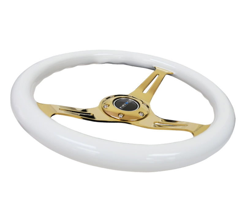 NRG Classic Wood Grain Steering Wheel (350mm) White Grip w/Chrome Gold 3-Spoke Center - Blais Performance Parts