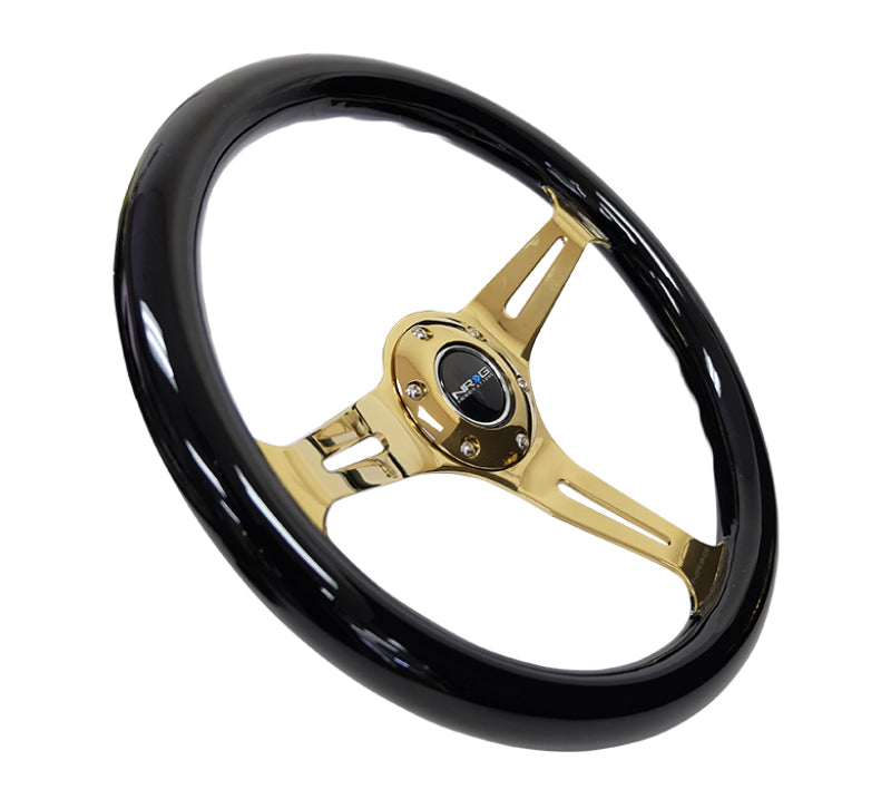 NRG Classic Wood Grain Steering Wheel (350mm) Black Grip w/Chrome Gold 3-Spoke Center - Blais Performance Parts