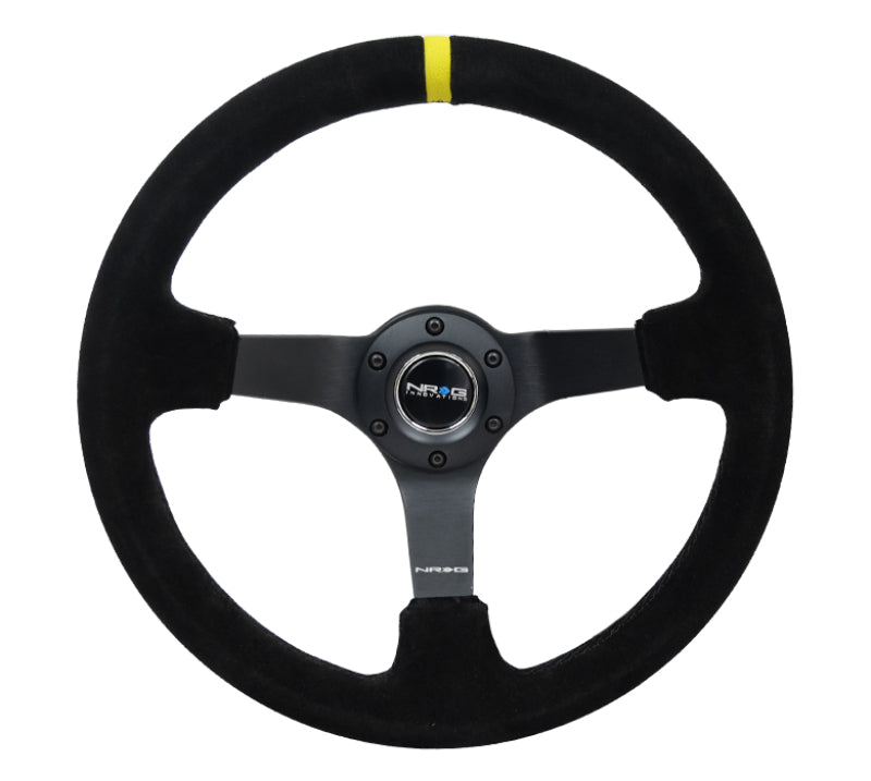 NRG Reinforced Steering Wheel (350mm / 3in. Deep) Blk Suede/X-Stitch w/5mm Blk Spoke & Yellow CM - Blais Performance Parts