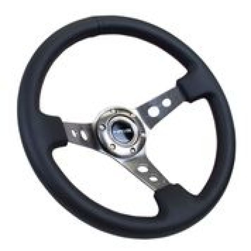 NRG Reinforced Steering Wheel (350mm / 3in. Deep) Blk Leather w/Gunmetal Circle Cutout Spokes - Blais Performance Parts