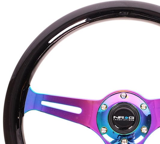 NRG Classic Wood Grain Steering Wheel (350mm) Black Paint Grip w/Neochrome 3-Spoke Center - Blais Performance Parts