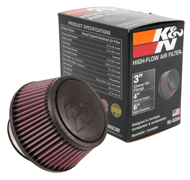 K&N Universal Round Clamp-On Air Filter 3in Flange ID x 6in Base OD x 4.625in Top OD x 3in Height - Blais Performance Parts