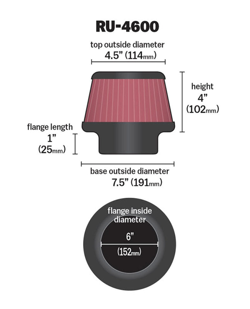 K&N Filter 6 inch Flange 7.5 inch Base 4.5 Top 4 inch Height - Blais Performance Parts