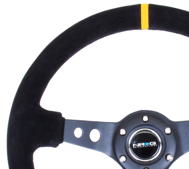 NRG Reinforced Steering Wheel (350mm / 3in. Deep) Blk Suede w/Circle Cut Spokes & Single Yellow CM - Blais Performance Parts