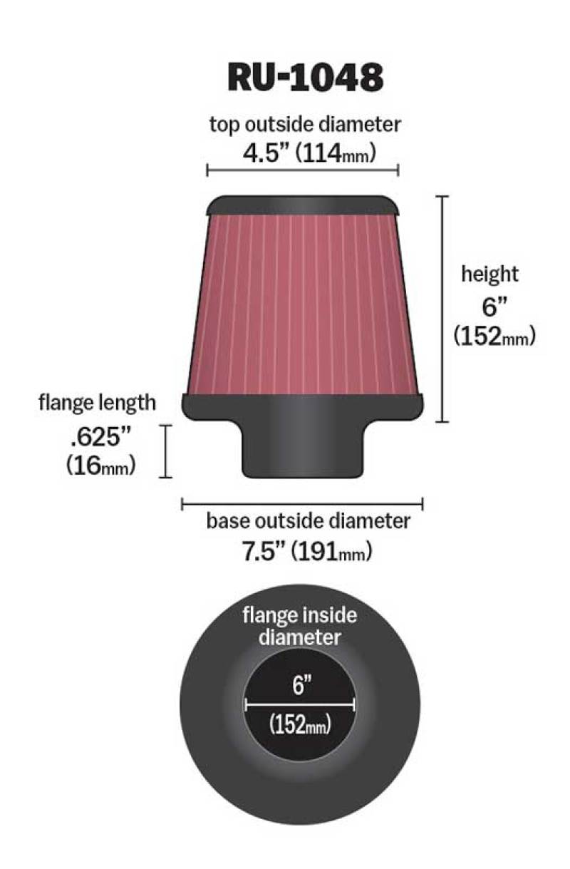 K&N Universal Clamp-On Air Filter 6in Flange / 7-1/2in Base / 4-1/2in Top / 6in Height - Blais Performance Parts