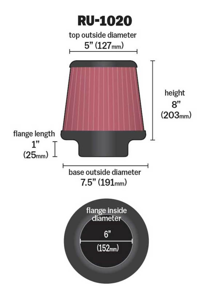 K&N Universal Tapered Filter 6in Flange ID x 7.5in Base OD x 5in Top OD x 8in Height - Blais Performance Parts