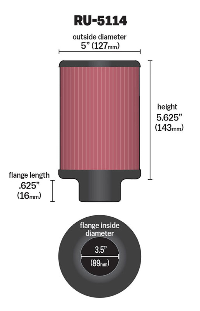 K&N Filter Universal Rubber Filter 3.5in Flange ID x 5in OD x 5.625in H - Blais Performance Parts