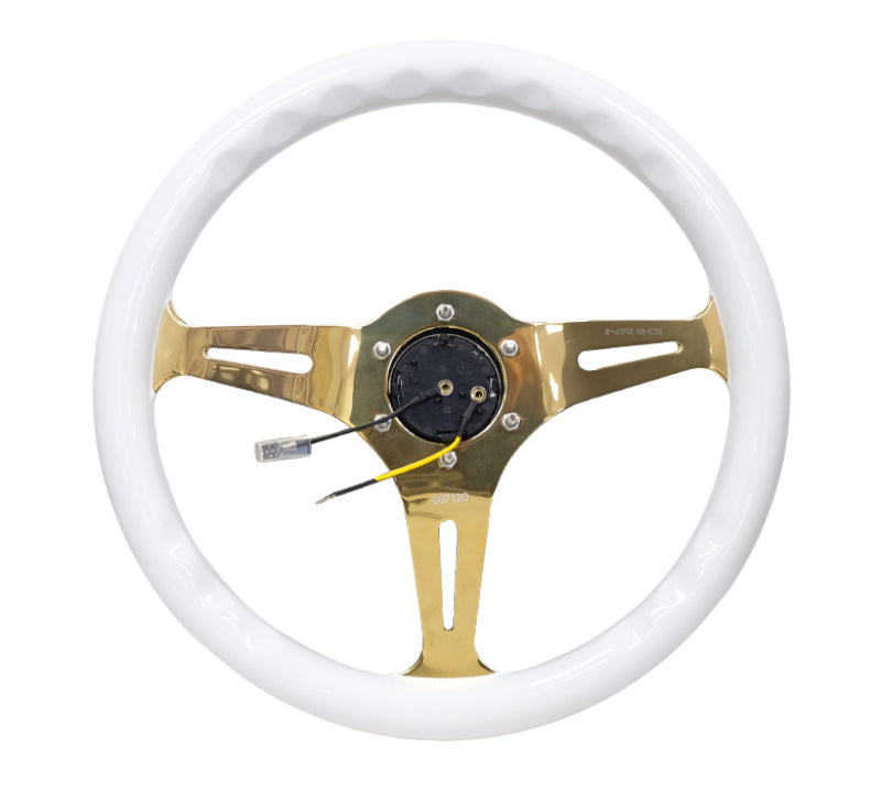 NRG Classic Wood Grain Steering Wheel (350mm) White Grip w/Chrome Gold 3-Spoke Center - Blais Performance Parts