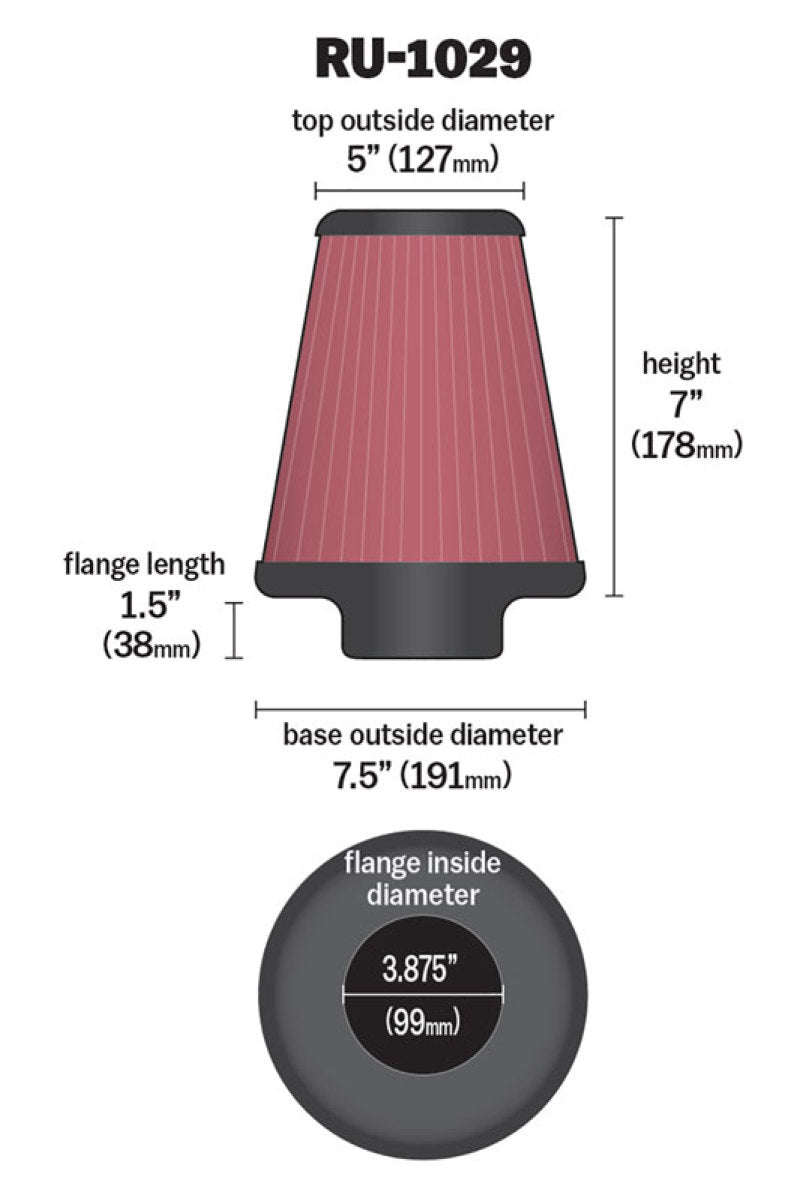 K&N Universal Clamp-On Air Filter 3-7/8in FLG / 7-1/2in B / 5in T / 7in H - Blais Performance Parts