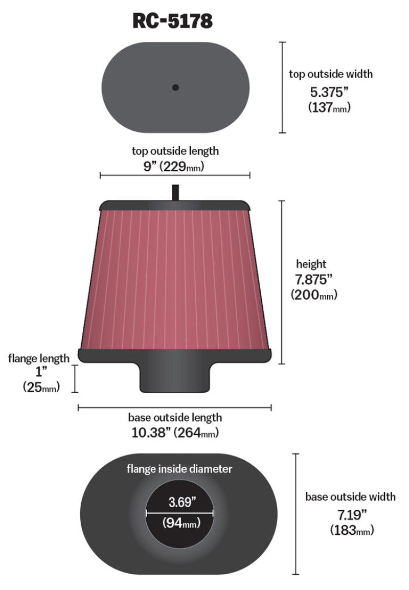 K&N Universal Air Filter - Oval Straight - 3.688in Flange ID x 10.25in Base O/S Length x 7.875in H - Blais Performance Parts