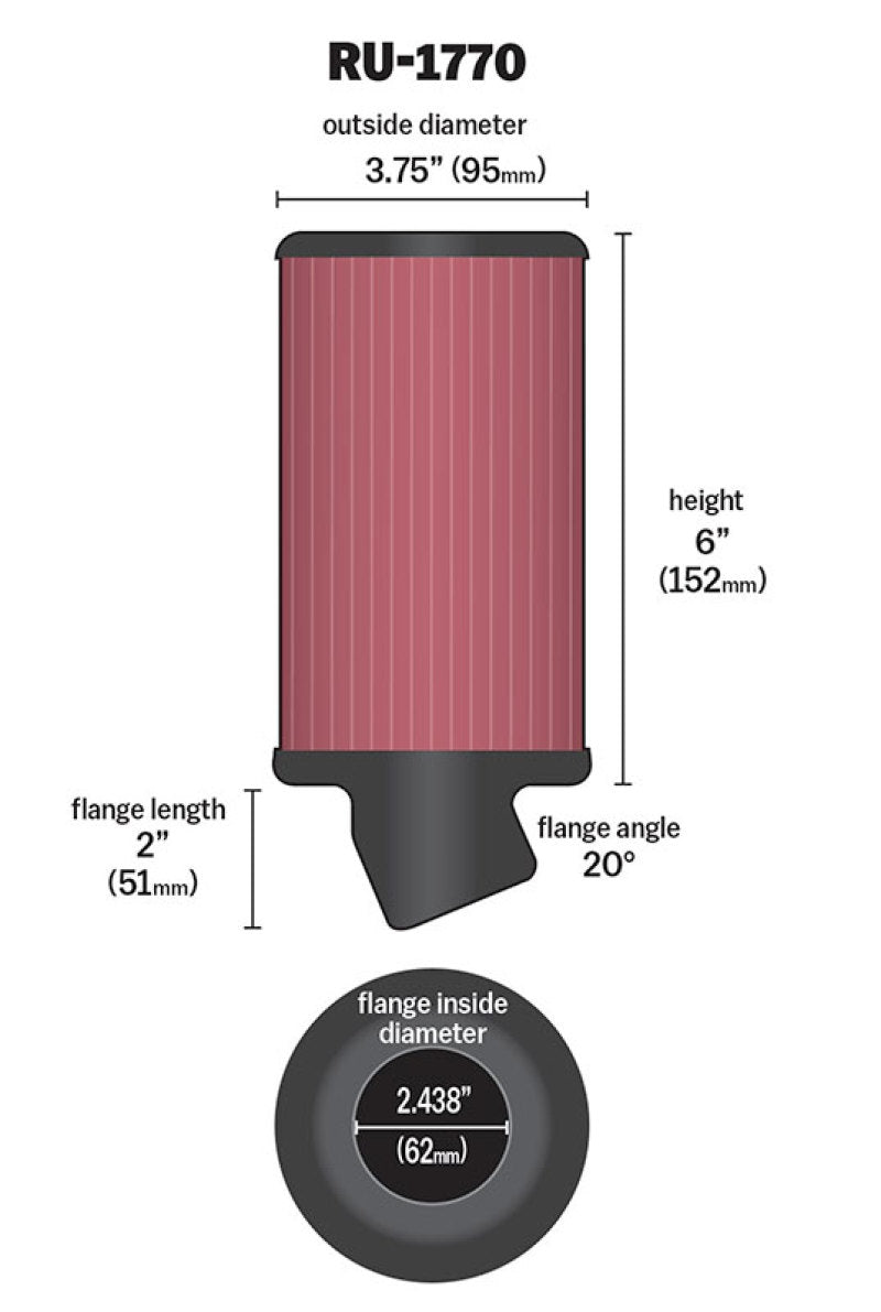 K&N Filter Universal Rubber Filter 2 7/16 inch 20 Degree Flange 3 3/4 inch OD 6 inch Height - Blais Performance Parts