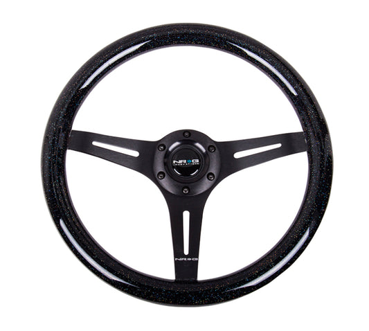 NRG Classic Wood Grain Steering Wheel (350mm) Black Sparkled Grip w/Black 3-Spoke Center - Blais Performance Parts