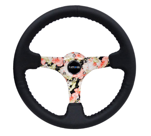 NRG Reinforced Steering Wheel (350mm / 3in. Deep) Blk Leather Floral Dipped w/ Blk Baseball Stitch - Blais Performance Parts