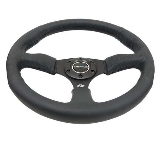 NRG Reinforced Steering Wheel (350mm / 2.5in. Deep) Blk Leather Comfort Grip w/5mm Matte Blk Spokes - Blais Performance Parts