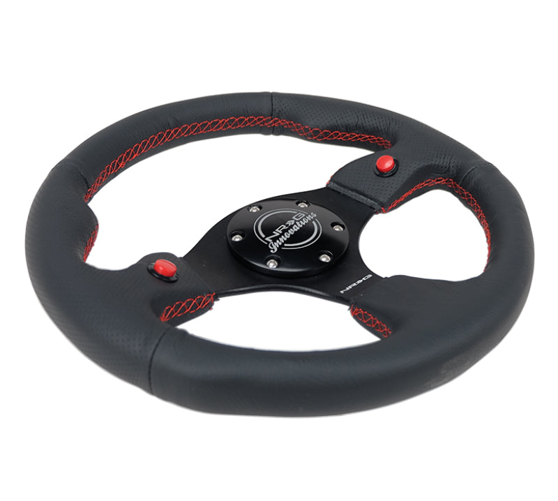 NRG Reinforced Steering Wheel (320mm) Blk Leather w/Dual Buttons - Blais Performance Parts