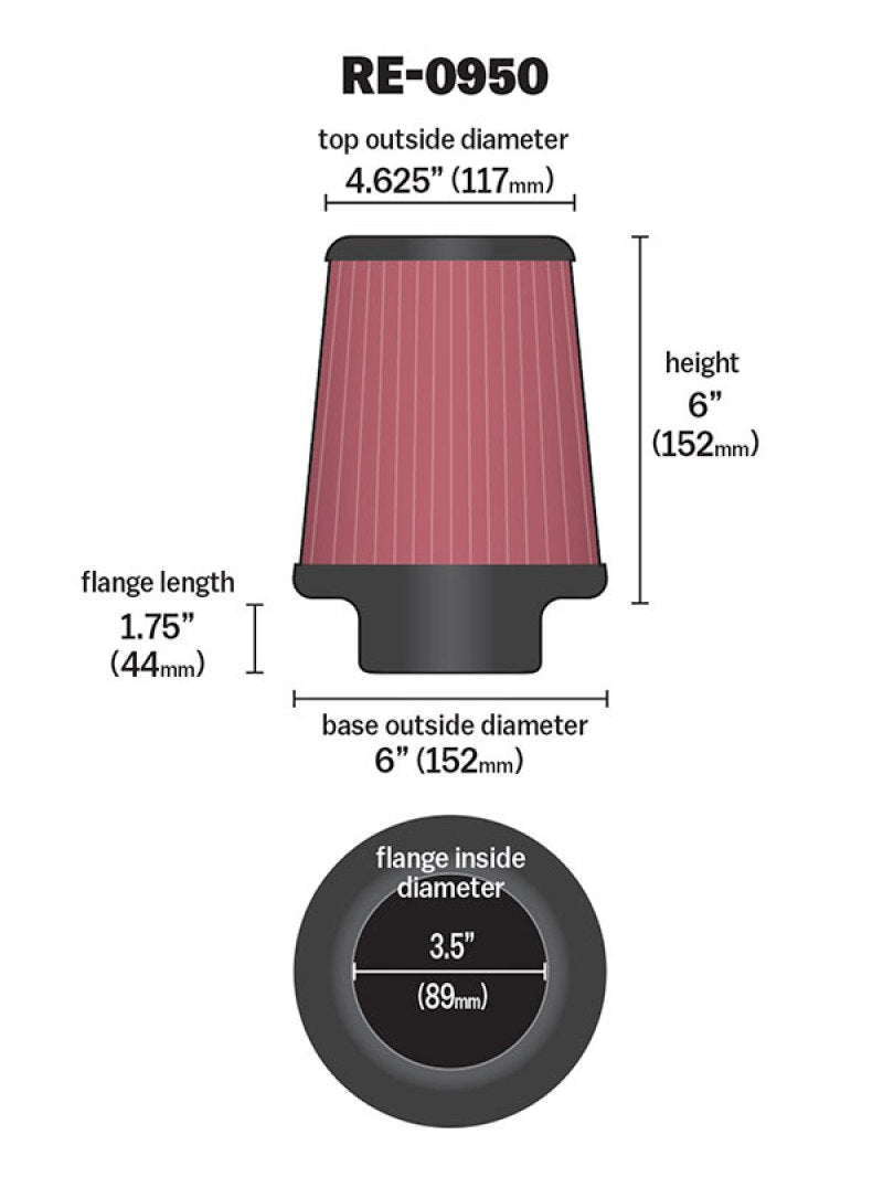 K&N Universal Rubber Filter 3 1/2inch ID FLG / 6inch Base / 4-5/8inch Top / 6inch Height - Blais Performance Parts