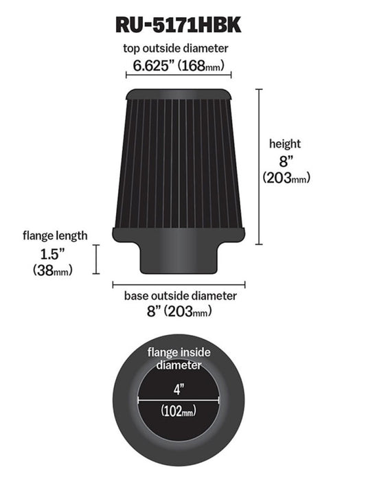 K&N Universal Rubber Filter-Round Tapered 4in Flange ID x 8in Base OD x 6.625in Top OD x 8in H - Blais Performance Parts