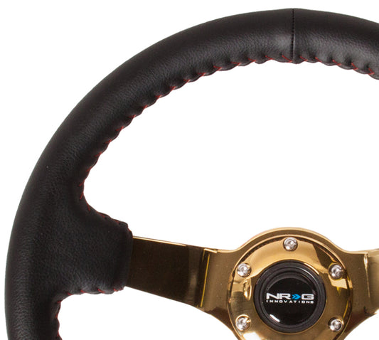 NRG Reinforced Steering Wheel (350mm / 3in. Deep) Blk Leather/Red BBall Stitch w/4mm Gold Spokes - Blais Performance Parts