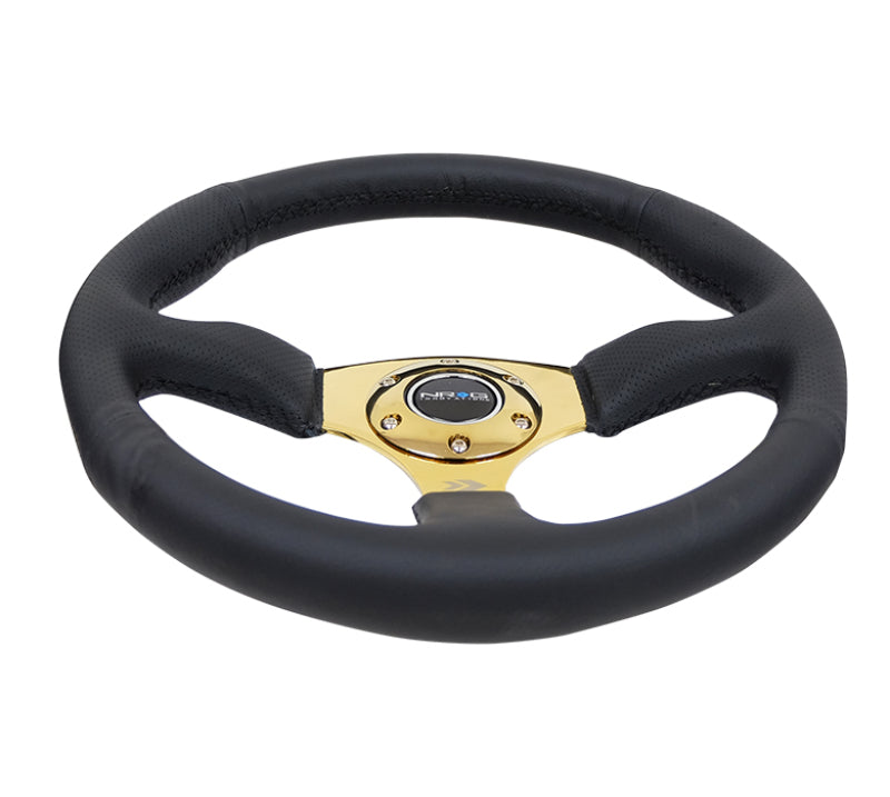 NRG Reinforced Steering Wheel (350mm / 2.5in. Deep) Leather Race Comfort Grip w/4mm Gold Spokes - Blais Performance Parts