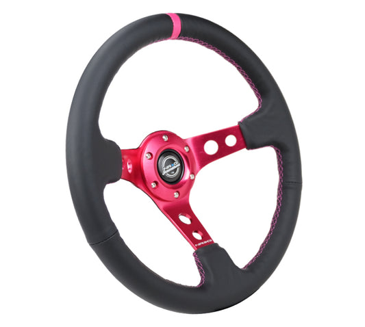 NRG Reinforced Steering Wheel (350mm/3in. Deep) Black Leather/ Fushia Center Mark/ Fushia Stitching - Blais Performance Parts