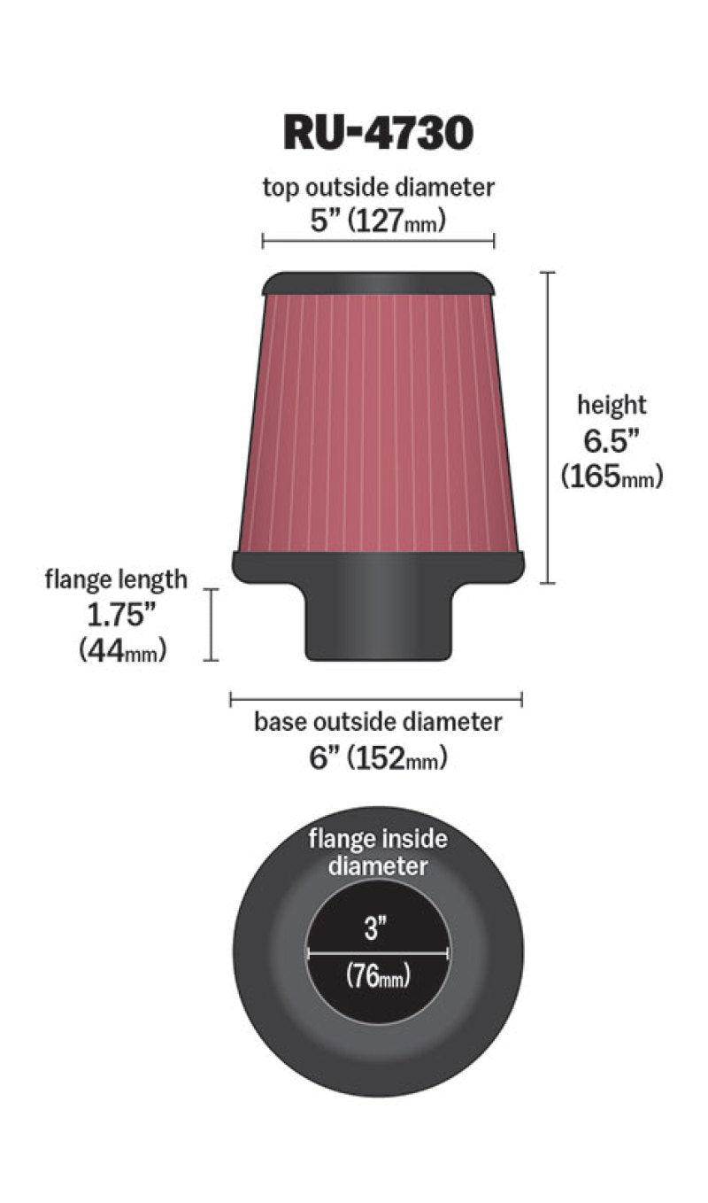 K&N Filter 3 inch Flange 6 inch Base 5 Top 6 1/2 inch Height - Blais Performance Parts