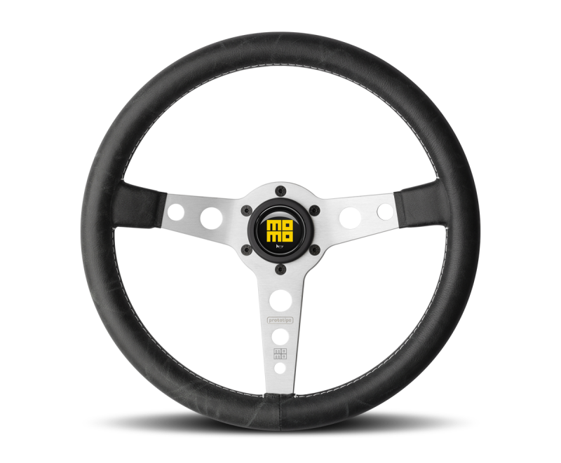 Momo Prototipo Steering Wheel 350 mm - Black Leather/White Stitch/Brshd Spokes - Blais Performance Parts