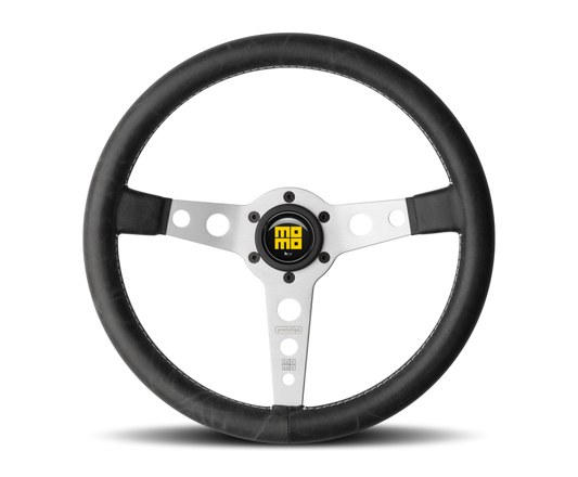 Momo Prototipo Steering Wheel 350 mm - Black Leather/White Stitch/Brshd Spokes - Blais Performance Parts