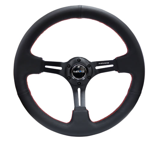 NRG Reinforced Steering Wheel (350mm / 3in. Deep) Black Leather/Red Stitch & Blk 3-Spoke w/Slits - Blais Performance Parts