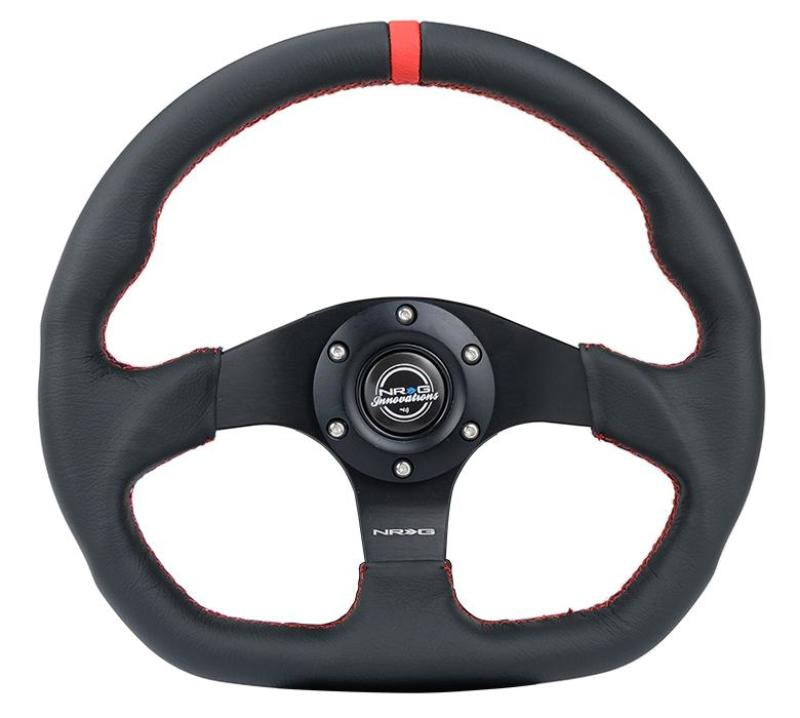 NRG Reinforced Steering Wheel (320mm) Sport Leather Flat Bottom w/ Red Center Mark/ Red Stitching - Blais Performance Parts