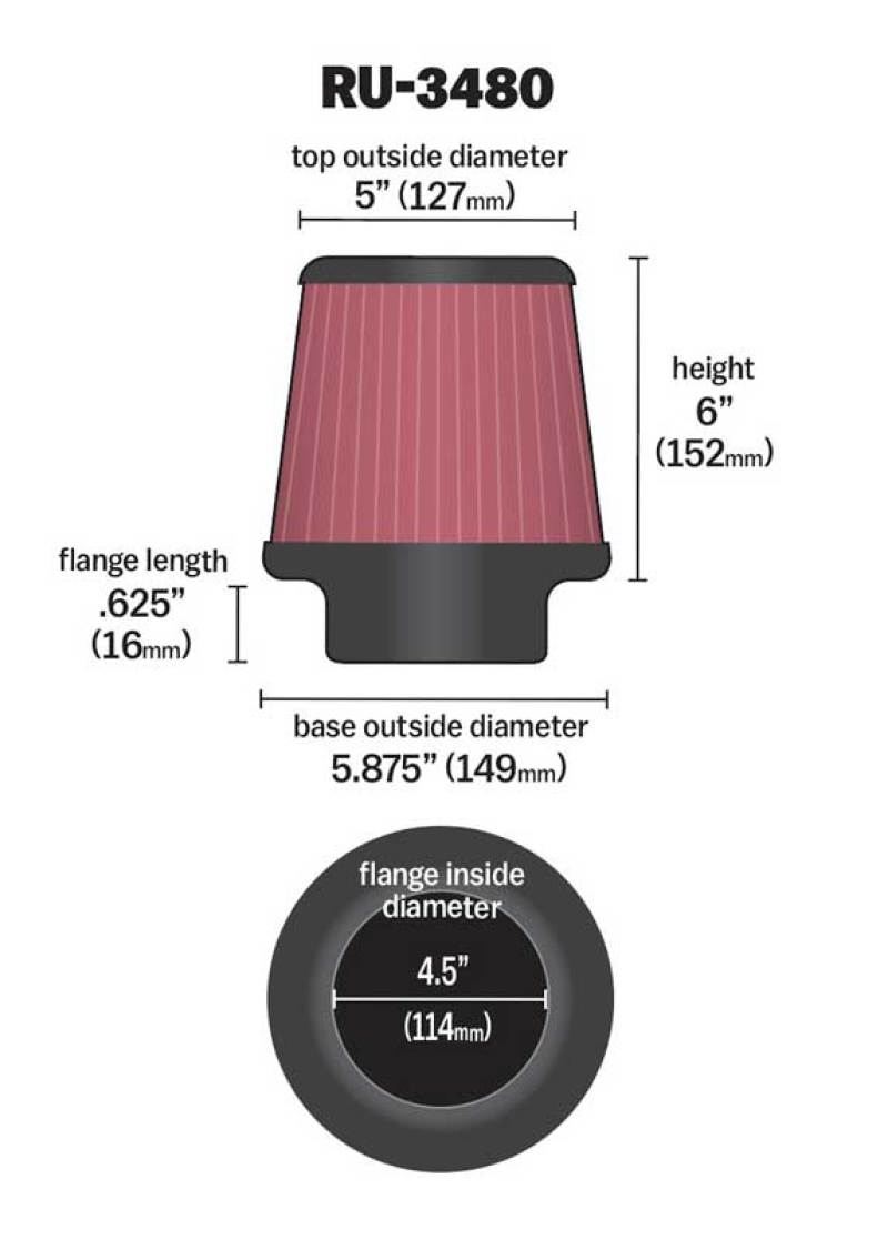 K&N Universal Rubber Filter 4 1/2 inch FLG / 5 7/8 inch Base / 5 inch Top / 6 inch Height - Blais Performance Parts