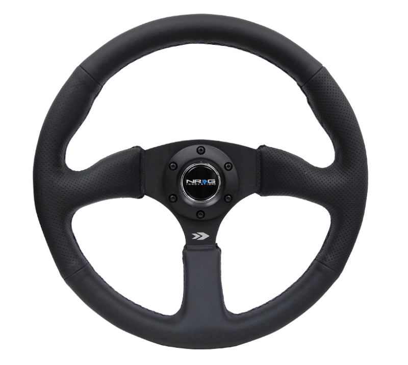 NRG Reinforced Steering Wheel (350mm / 2.5in. Deep) Blk Leather Comfort Grip w/5mm Matte Blk Spokes - Blais Performance Parts