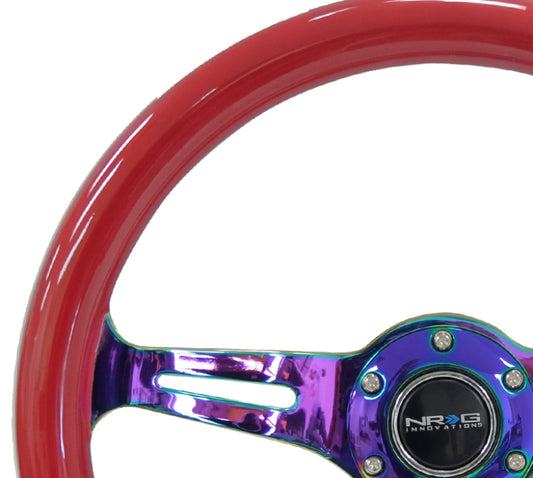 NRG Classic Wood Grain Steering Wheel (350mm) Red Grip w/Neochrome 3-Spoke Center - Blais Performance Parts