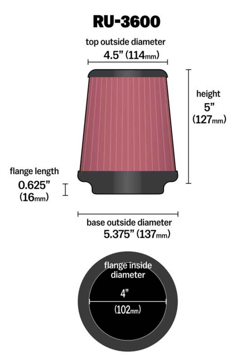 K&N Universal Air Filter 4in Flange / 5-3/8 in Base / 4-1/2in Top / 5in Height - Blais Performance Parts