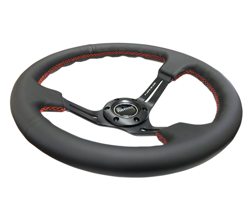 NRG Reinforced Steering Wheel (350mm / 3in. Deep) Black Leather/Red Stitch & Blk 3-Spoke w/Slits - Blais Performance Parts