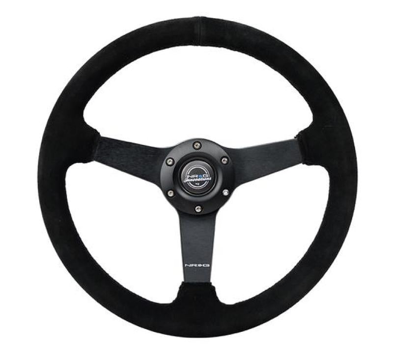 NRG Sport Steering Wheel (350mm / 1.5in Deep) Black Suede/Black Stitch w/Matte Black Solid Spokes - Blais Performance Parts