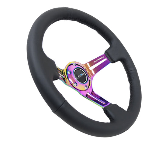 NRG Reinforced Steering Wheel (350mm / 3in. Deep) Blk Leather/Blk Stitch w/Neochrome Slits - Blais Performance Parts